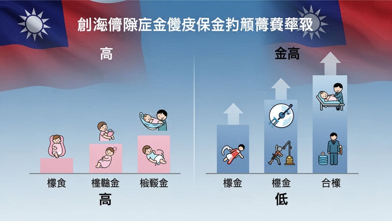 Clean landscape infographic illustrating how Taiwan labor insurance benefits like maternity, disability, and retirement payouts vary by insured salary levels, with low salary bar on left showing smaller icons and high salary bar on right with larger icons and upward arrows.