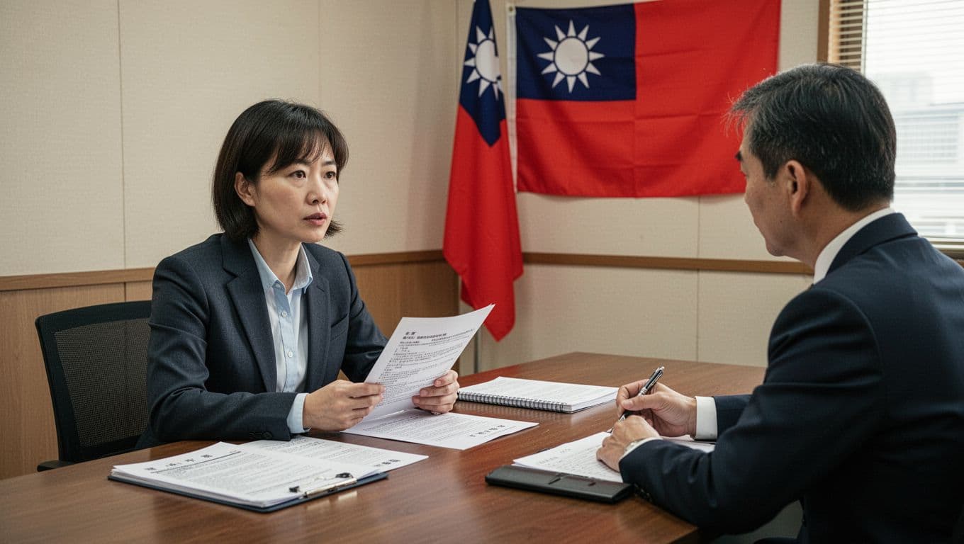 工會加保被要求面談,常見問題有哪些? 一位台灣勞保局或工會面談室內,專注的申請人平靜坐在桌前,雙手放鬆握文件,向記筆錄的官員回答問題。桌上擺放勞保文件、合約和筆記本,背景是簡潔政府辦公室與台灣國旗,專業卻緊張氛圍,自然日光寫實高細節攝影。