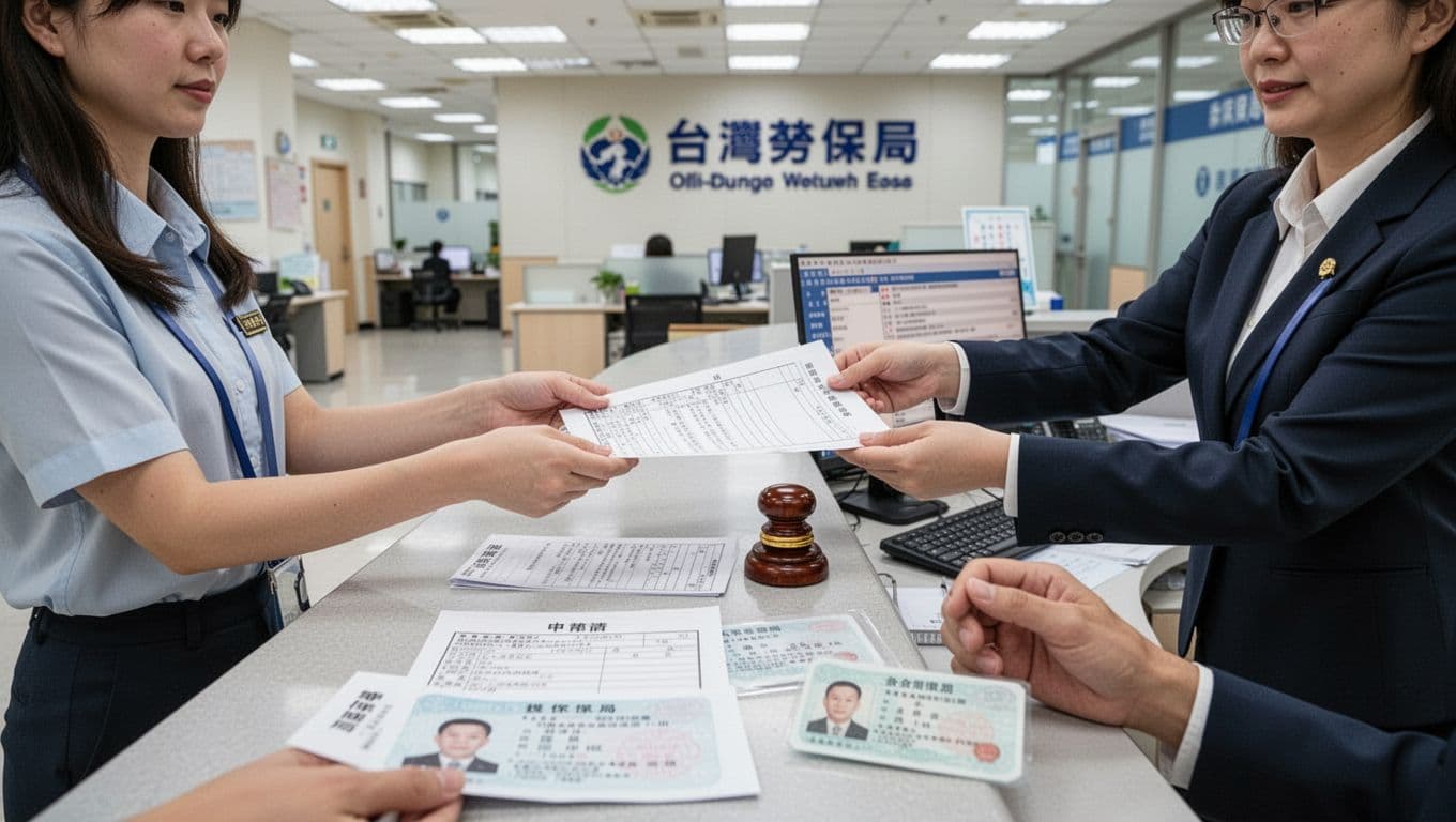 接案者年資與投保薪資查詢全攻略:一步到位教你查年資、選對投保薪資 一位接案者遞交文件給工作人員,櫃檯上有申請表、印章和電腦,場景限於一對一互動,前景顯示文件如投保證明和身分證,背景是勞保局辦公室大廳,乾淨明亮,專業氣氛。