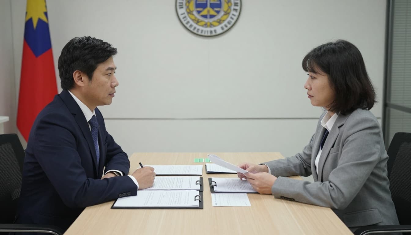 工會加保被要求面談,常見問題有哪些? 一位台灣勞保局辦公室的面談現場,桌上擺放文件夾、合約、身分證和收入證明,背景是簡潔的政府辦公室牆壁和台灣國旗,一位面談官員和一位申請人面對面坐著,雙方表情認真但平靜,申請人雙手自然放在桌上輕握文件。