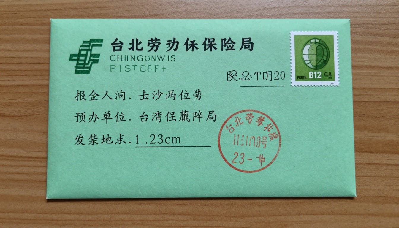 勞保局查核來信長什麼樣?收到後怎麼做完整指南 A realistic close-up of a genuine Taiwan Labor Insurance Bureau notification envelope on a wooden table, featuring a green envelope with Chunghwa Post stamp, recipient address, and red postmark from Taipei.