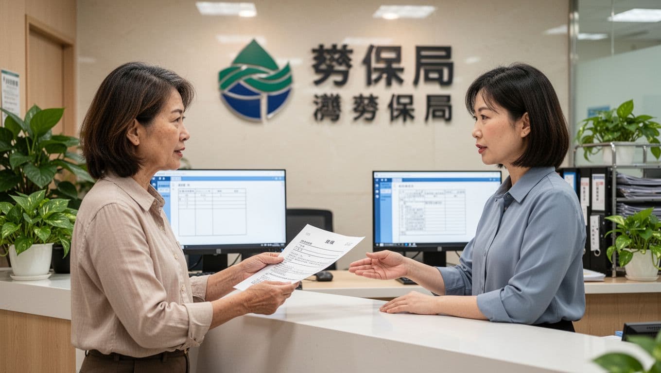 看護照服勞保投保指南:常見情境與步驟全整理 A female household employer hands insurance documents to a counter staff at the Taiwan Labor Insurance Bureau in a bright office setting with natural light and simple background elements.
