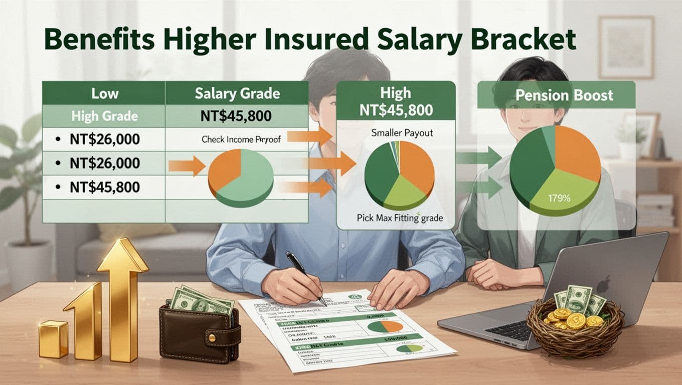工會加保年資歸零?三大常見誤解一次澄清 Infographic comparing low vs high insured salary brackets in Taiwan union labor insurance, showing larger pension payouts for higher choices, with selection steps, icons, and a Taiwanese freelancer background.