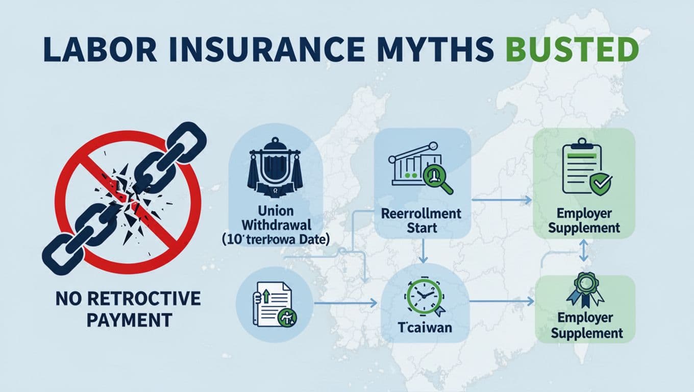 工會退保後勞保空窗怎麼補?4種可行選項完整整理 Flat design infographic debunking labor insurance myths with icons for broken chain no retroactive payment, union withdrawal date, reenrollment start, employer supplement exceptions, light blue and green colors, subtle Taiwan map background.