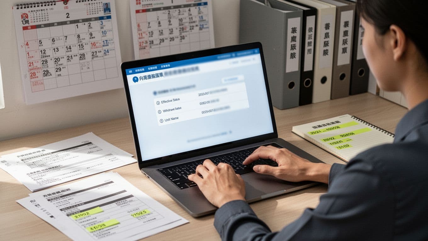 Realistic professional photo of a person sitting at a home office desk in natural daylight, using a laptop to access Taiwan's labor insurance query website with blurred interface and nearby printed results, notes, and notepad.