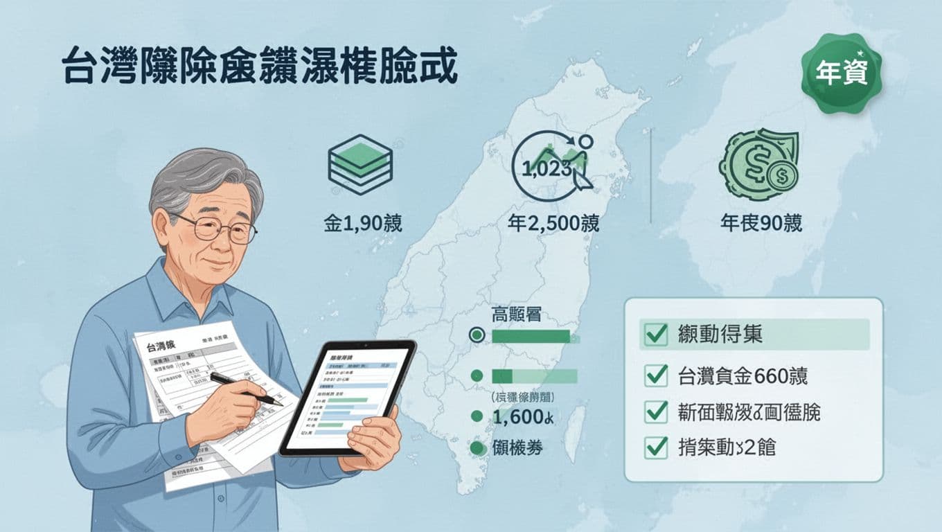 工會退保後勞保空窗怎麼補?4種可行選項完整整理 Infographic in clean flat design featuring a Taiwanese retiree reviewing labor insurance records on paper and tablet, with icons for salary brackets, years of service, estimated benefits, and a checklist, set against a subtle Taiwan map background in light blue and green.