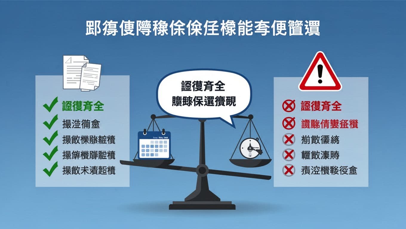 工會加保年資被取消,還能救回來嗎?一般處理方向 Vector infographic illustrating a balanced checklist of green checkmarks for strong evidence against red risk warnings for appealing labor insurance seniority cancellation in Taiwan, with simple icons and central dispute summary.