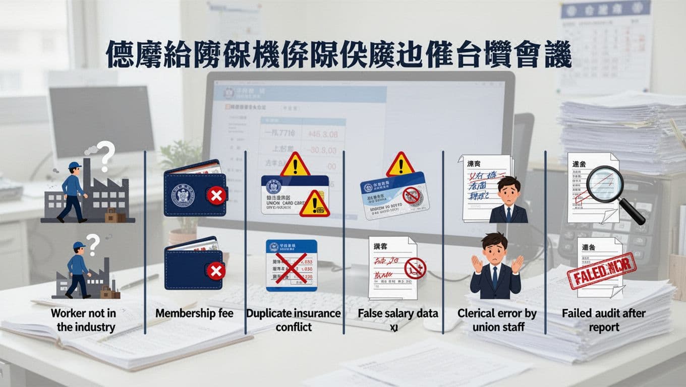 工會加保年資被取消,還能救回來嗎?一般處理方向 A modern infographic detailing six common reasons for labor insurance seniority cancellation in Taiwan, illustrated with clear icons for non-industry workers, membership fee issues, duplicate insurance, false salary data, clerical errors, and failed audits.