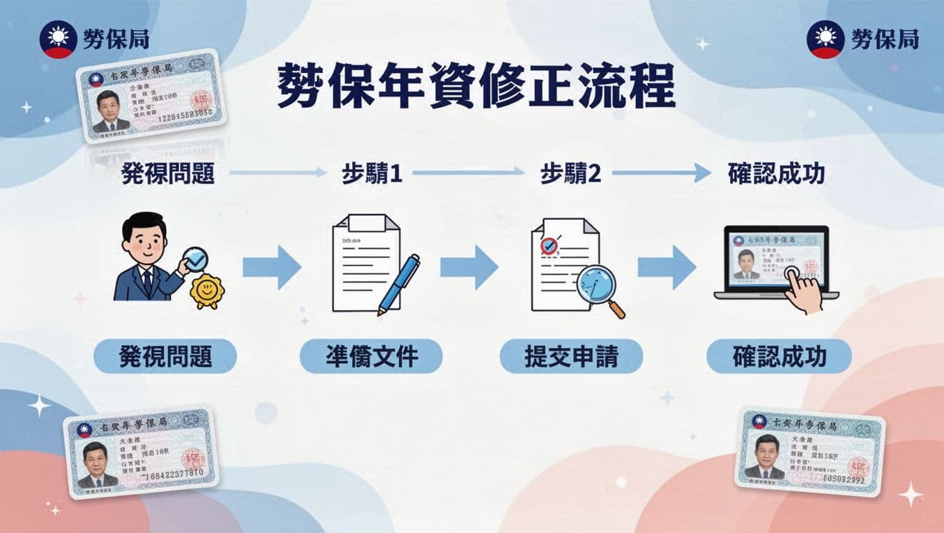 接案者年資與投保薪資查詢全攻略:一步到位教你查年資、選對投保薪資 步驟式圖示顯示勞保年資修正流程,從發現問題、準備文件、提交申請到確認成功的四個階段,用簡單圖標和箭頭連接,置於桌面背景,台灣風格元素如身分證和勞保局logo抽象化,乾淨扁平設計,明亮色彩,資訊圖表風格,無人像,純圖標與箭頭。