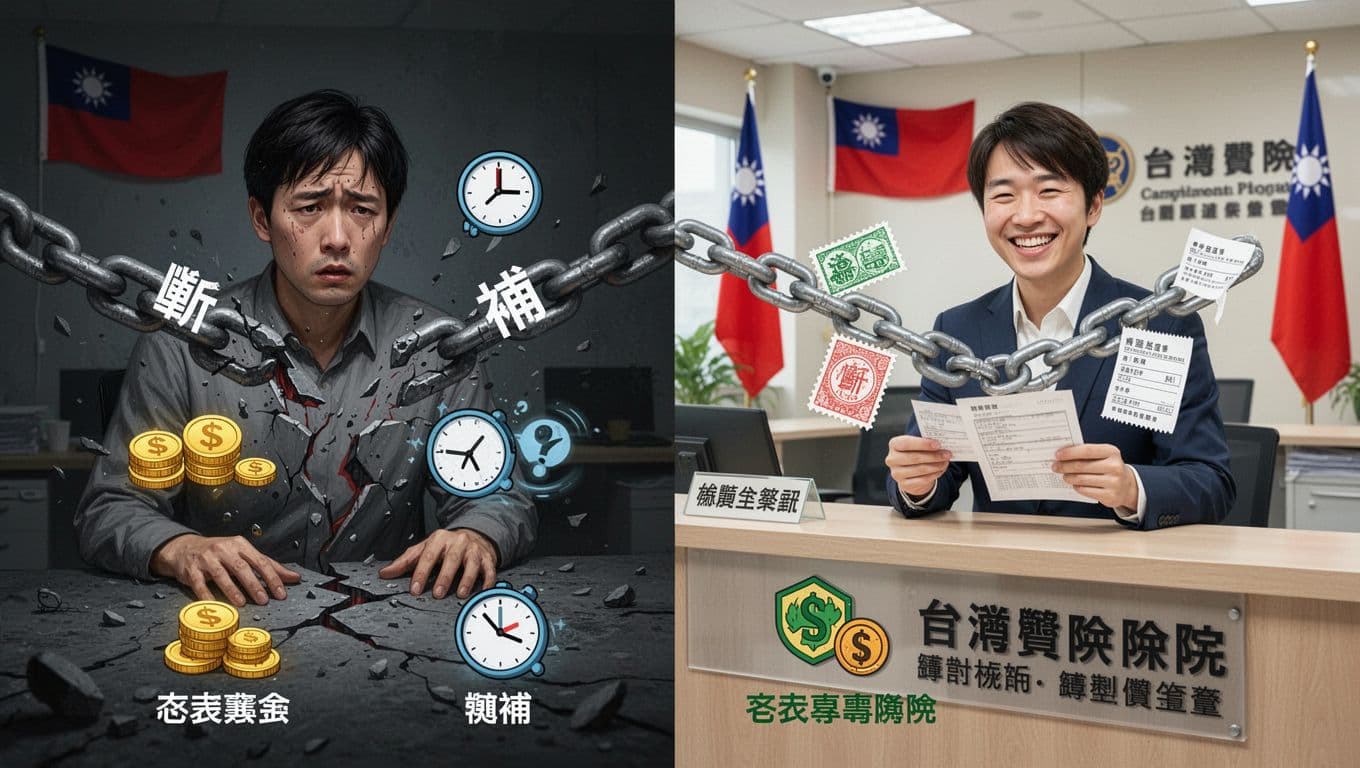 工會加保年資歸零?三大常見誤解一次澄清 Split-scene illustration in landscape format showing dark consequences of interrupted labor insurance seniority in Taiwan on the left with a broken chain and reduced pension icons, contrasted by bright remedies on the right with a repaired chain and supplement payments after appeal.