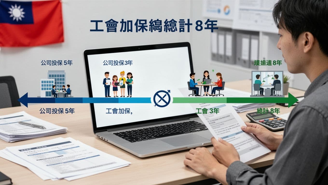 工會加保年資歸零?三大常見誤解一次澄清 Infographic-style illustration of labor insurance seniority accumulation in Taiwan, showing a continuous timeline from 5 years of company coverage to 3 additional years with union insurance, totaling 8 years without reset. A Taiwanese freelancer views the timeline on a laptop in a professional office setting.