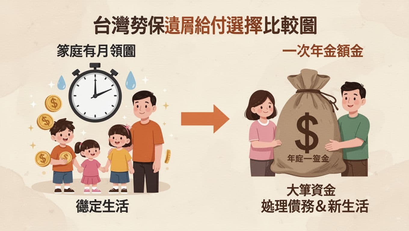 Flat-style illustration comparing Taiwan labor insurance survivor benefits: left shows stable monthly annuity with clock-ticking coins and happy family; right depicts large lump sum bag for debt or new life, linked by central arrow, warm colors, landscape.