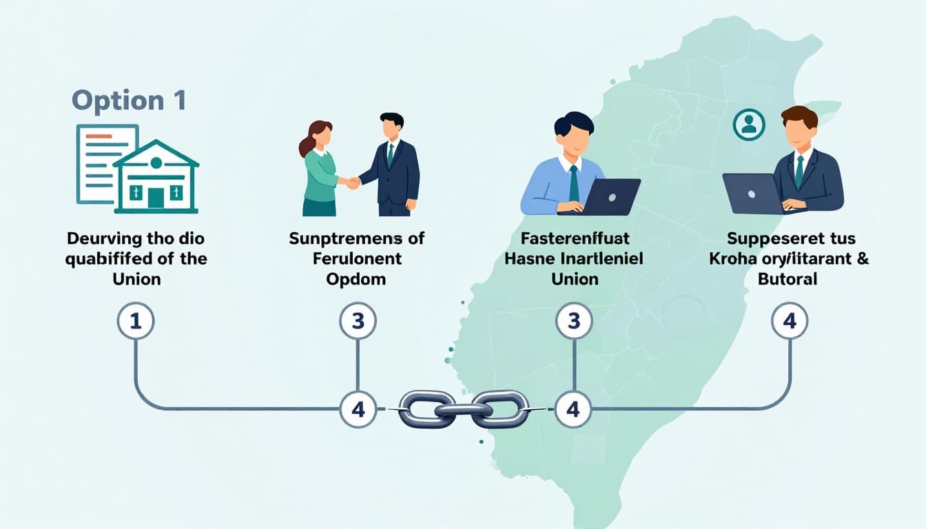 工會退保後勞保空窗怎麼補?4種可行選項完整整理 Clean landscape infographic illustrating four options to supplement labor insurance post-union withdrawal: returning to vocational union, employer enrollment, self-employed paths, and other systems like national pension, with icons, broken chain symbol, and subtle Taiwan map background.