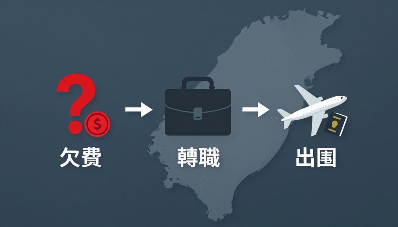 工會退保後勞保空窗怎麼補?4種可行選項完整整理 Infographic with three flat-design icons for common labor insurance deregistration causes: unpaid fees (red question mark and coin), job change (briefcase to track), and going abroad (airplane and passport), arranged horizontally on a faded Taiwan map background.