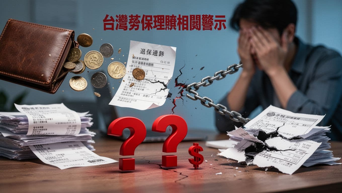 看到「超便宜工會加保」廣告要小心什麼?破解資格、費用與風險迷思 Warning image illustrating financial consequences of Taiwan labor insurance claims: coins escaping wallet, withdrawal notice, severed tenure chain, torn policy, shrinking dollars with red question marks, blurry observer hiding face amid piled bills on finance table. Realistic style in red-blue tones evoking regret and anxiety.