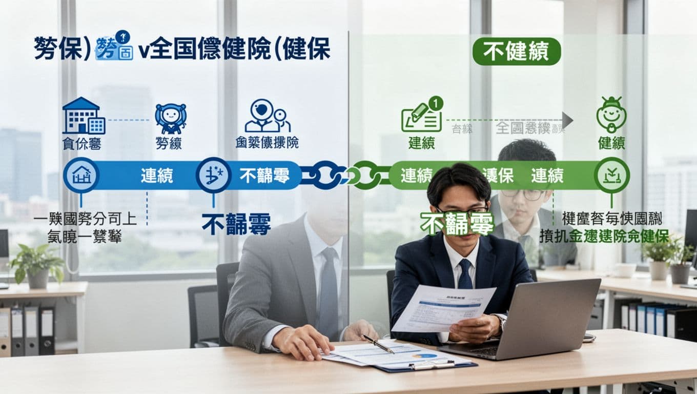 工會加保年資歸零?三大常見誤解一次澄清 A landscape infographic comparing 勞保 (labor insurance) and 健保 (national health insurance) seniority accumulation in Taiwan, with continuous timelines showing no reset for 勞保 and maintained coverage for 健保, featuring a Taiwanese freelancer in a professional setting.