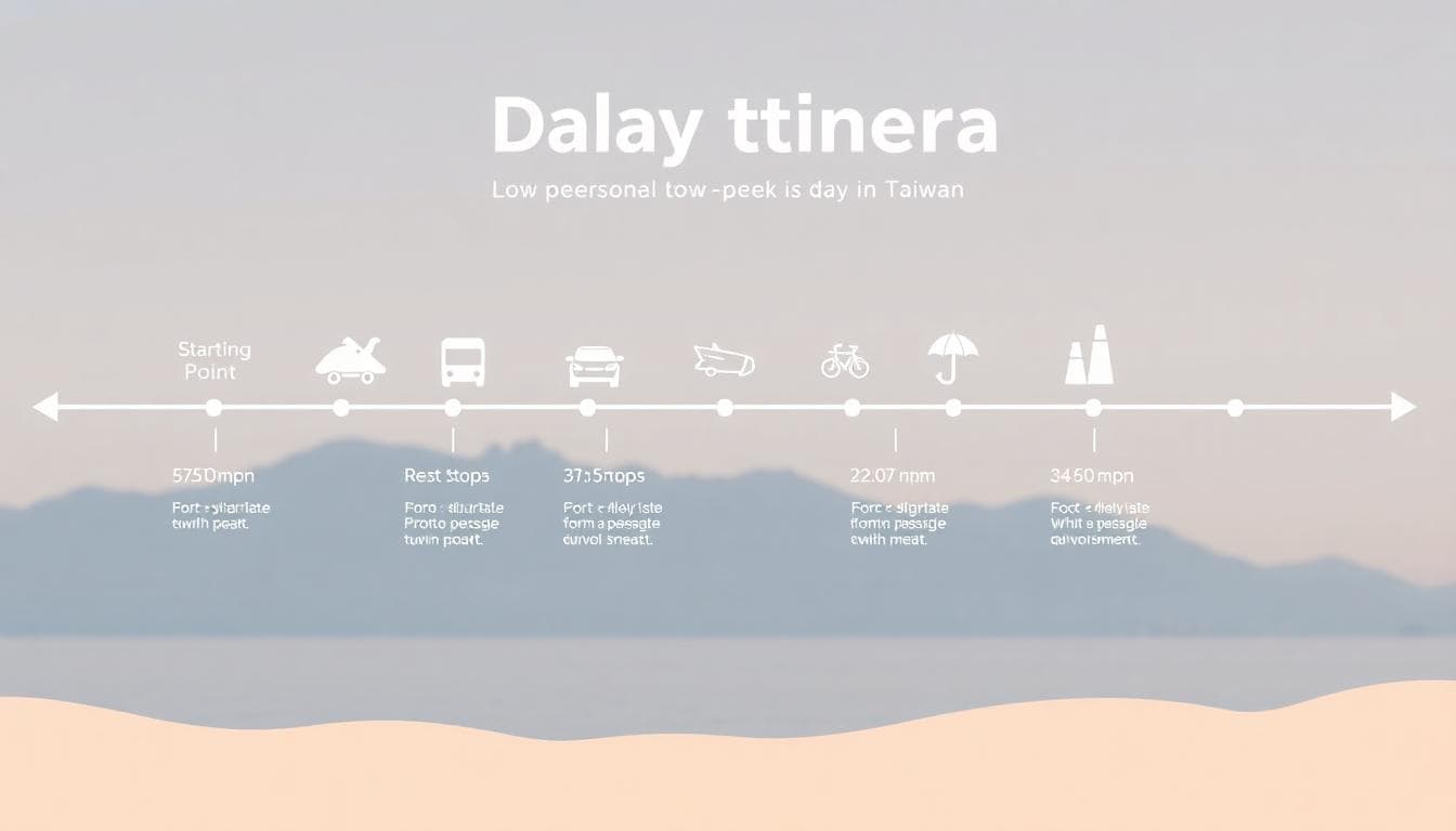 An infographic style image showing a daily travel itinerary template for a low-peak day in Taiwan, including icons for starting point, transportation, rest stops, photo spots, time slots, in a simple timeline format, clean design with pastel colors, foreground timeline elements, background subtle travel scenes like mountains and sea, no text, organized and practical mood.