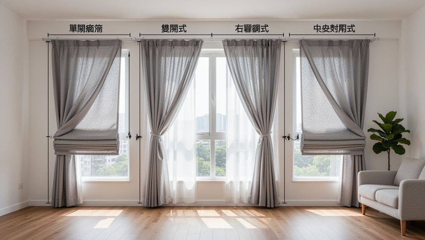 Diagram illustrating four curtain operation methods on a large window: single open from right, double open from center, left-right stack, and center stack, using light gray fabric on ceiling tracks in a bright modern living room.
