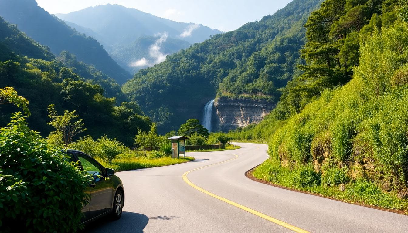 台灣山路通往隱秘瀑布的風景，前景有蜿蜒的公路與遠方的瀑布輪廓。