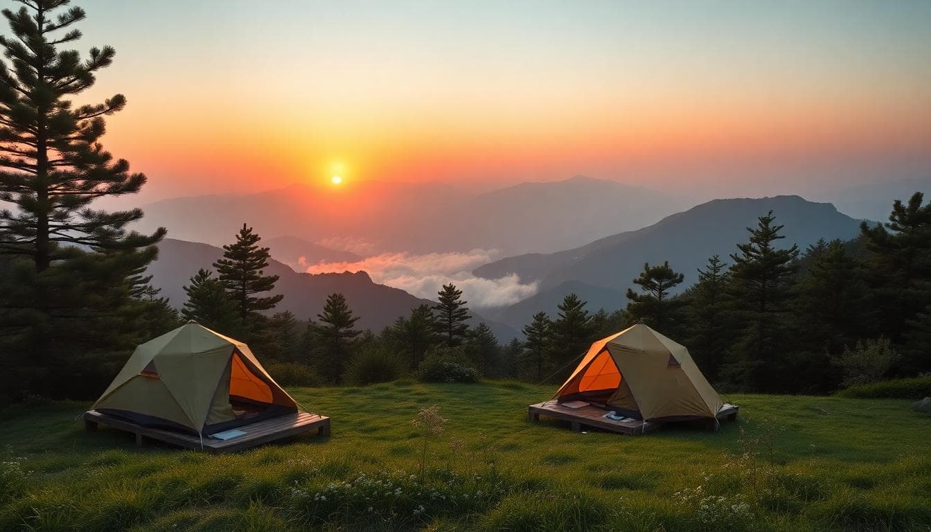 A peaceful campsite nestled in the lush mountains of Taiwan during sunrise. Tents are set up on a gentle slope with wooden platforms, surrounded by pine trees and wildflowers. In the background, layered mountain ridges emerge from morning mist as the sun rises, casting warm orange and pink light across the sky. The scene captures a sense of tranquility and adventure, in a realistic photographic style with high detail on natural elements like dew on grass and soft shadows. No people, no text, focus on landscape and atmosphere.