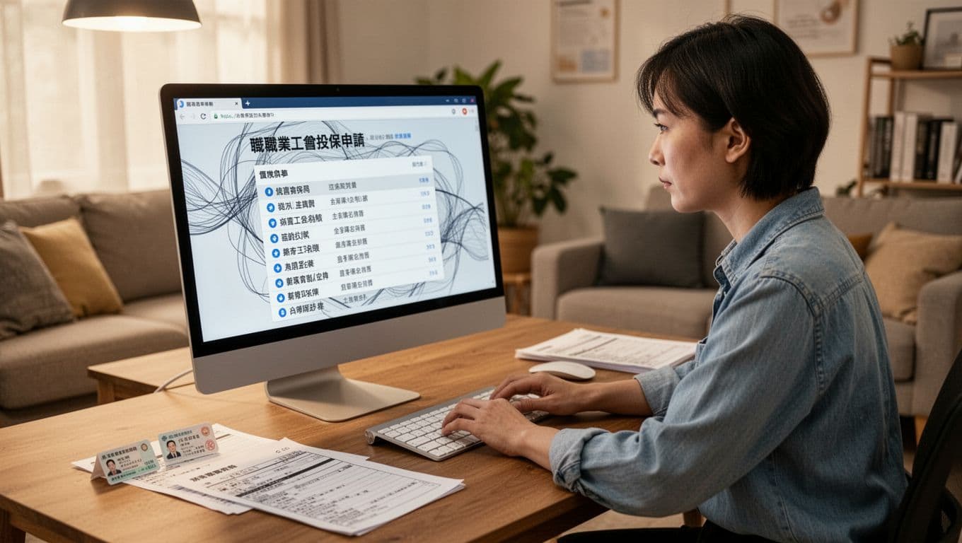 A focused Taiwanese person step-by-step fills out an occupational union insurance application on a computer, browsing the Labor Insurance Bureau website for union lists, with ID card, salary proof, and application form on the desk in a comfortable home office.