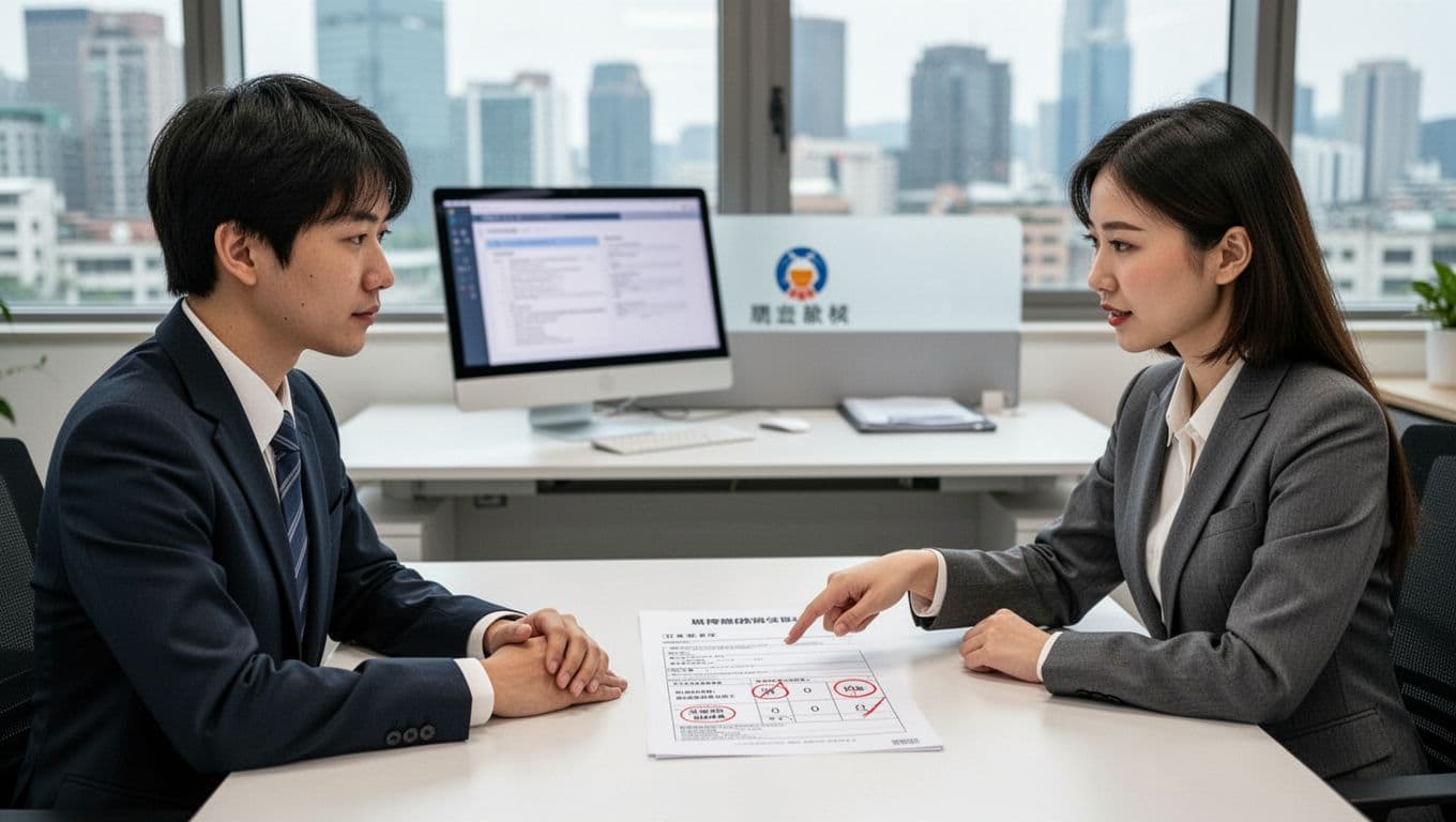 A realistic scene in a modern Taiwanese company office showing one employee and one HR representative discussing labor insurance enrollment, with HR pointing to a contract form.