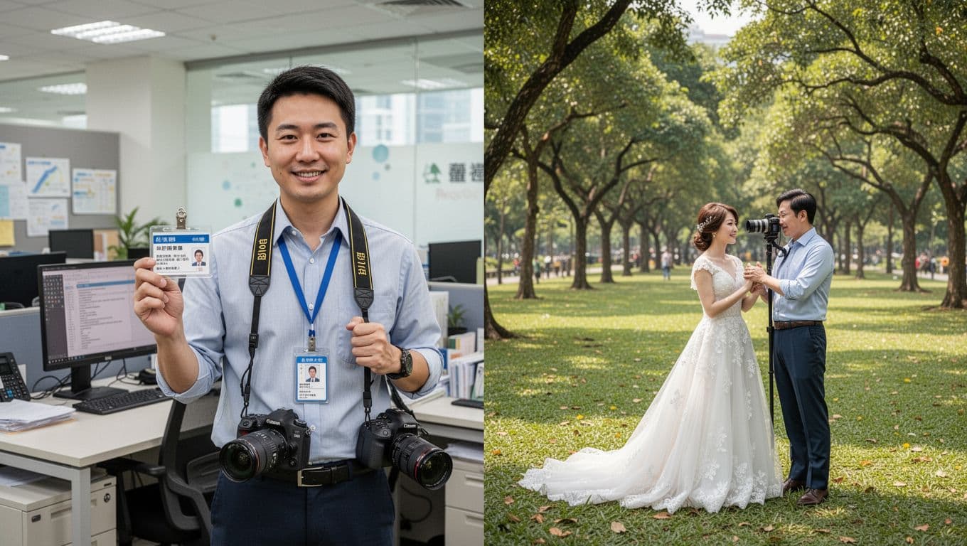 攝影師接案勞保怎麼保?職業工會投保 + 10 個常見問題解答 A Taiwanese office worker photographer stands holding an employee ID in his left hand and camera strap in his right, in a split-screen composition with office desk and computer on the left and park freelance shoot on the right, symbolizing full-time plus side hustle with dual labor insurance benefits. Realistic style with bright lighting, high-detail clothing and props, solo figure extending to image edges.