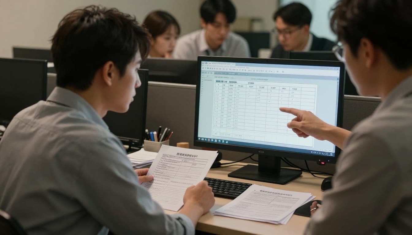 先搞懂為什麼「工會加保」容易被誤會成「人頭加保」 In a dimly lit Taiwanese office, a puzzled employee points at a computer screen showing abstract labor health insurance records, with scattered salary slips and warning notices on the desk, while a colleague discusses in the background.