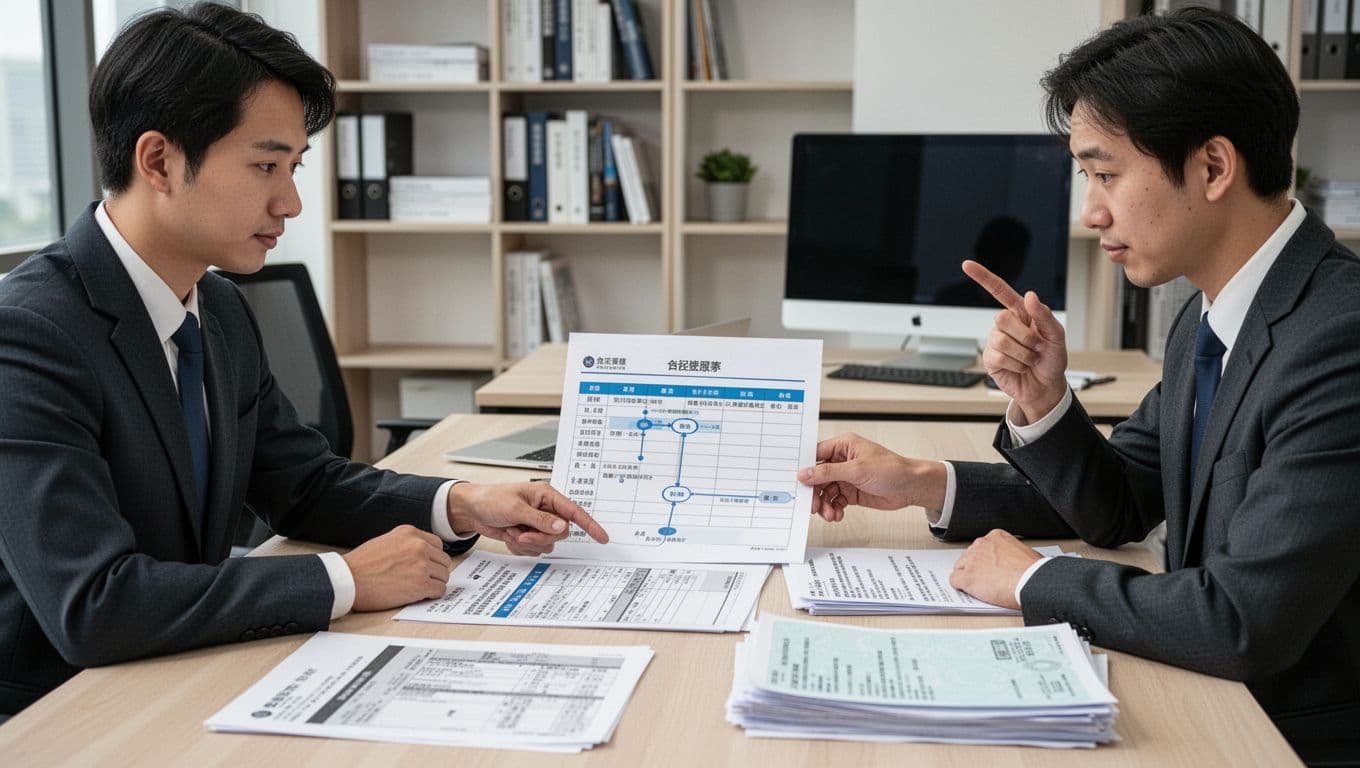先搞懂為什麼「工會加保」容易被誤會成「人頭加保」 In a professional Taiwanese office, a worker hands organized timeline documents, contracts, and bank records to a verifier at the desk, with the verifier nodding in approval while reviewing. The realistic scene features natural light, simple bookshelf background, clear details, and a trusting atmosphere.