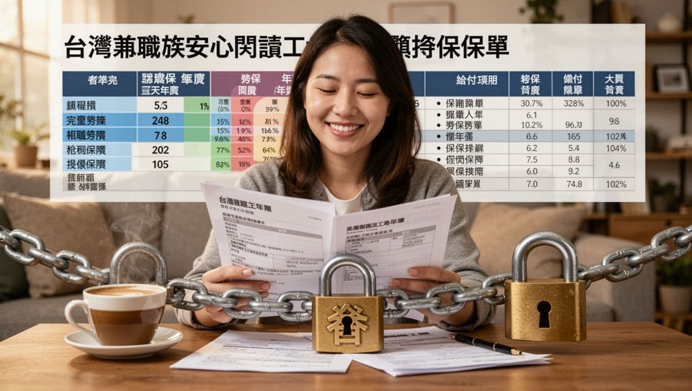 A smiling Taiwanese part-time worker relaxes at home while reviewing a union labor insurance policy, with detailed seniority charts and benefits lists in the background, coffee cup on table, and chained insurance symbols in foreground symbolizing secure protection.