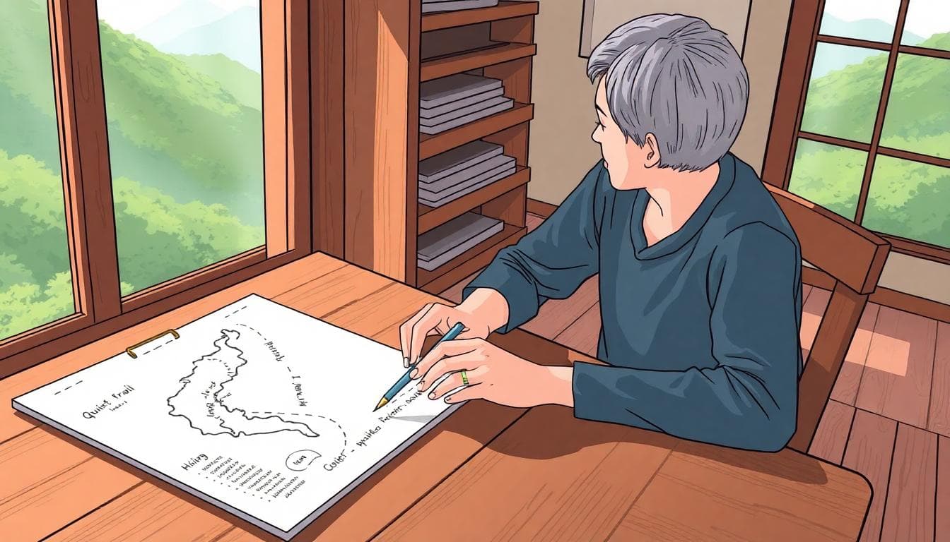 A calm planning desk with a hand-drawn map of a quiet hiking trail in Taiwan