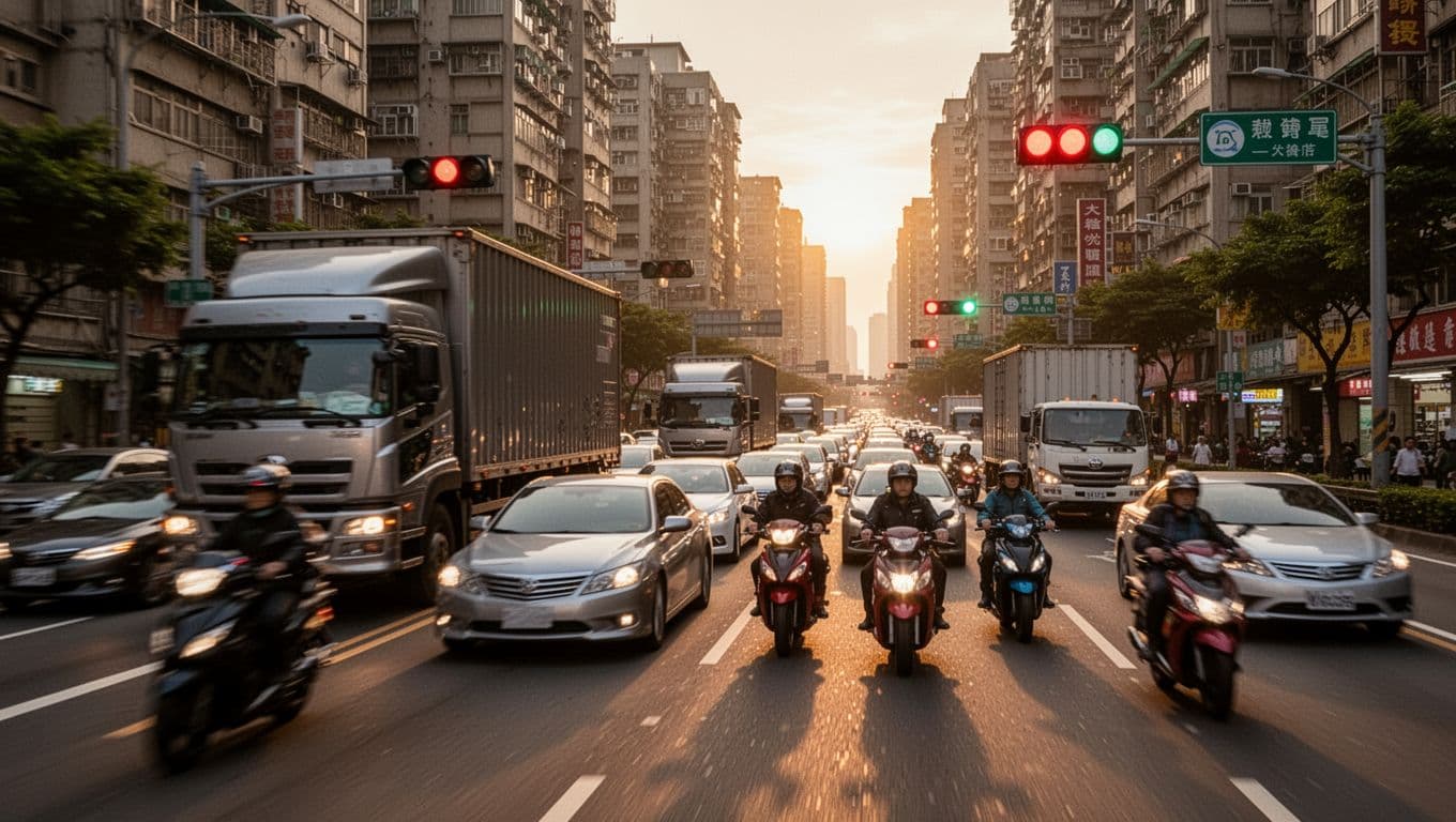 A congested Taiwan city street during peak rush hour features dense traffic with two cars, three scooters, and one truck, captured in realistic style under warm dusk lighting with motion blur effects.