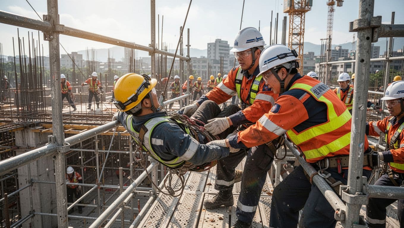 A construction worker plummets from scaffolding but is heroically caught by a colleague, both in safety helmets and reflective gear, amid a chaotic yet safety-conscious site under bright sunlight. Realistic style highlights high-altitude risks and timely emergency response.