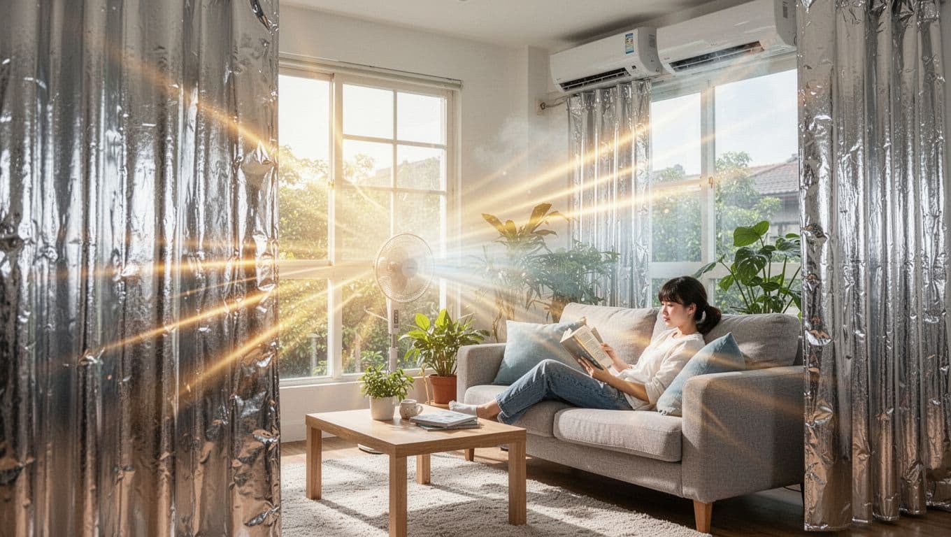 A bright summer living room in Taiwan with large windows and intense sunlight features silver-coated reflective thermal curtains bouncing back heat rays as glowing lines, keeping the interior cool with a fan and one person relaxing on a sofa reading a book.