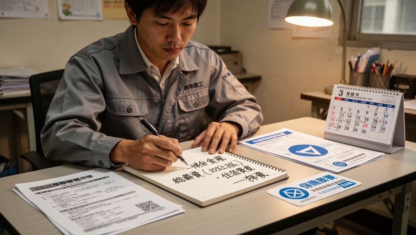 臨時工收入波動時 勞保投保薪資怎麼選才穩妥 A focused Taiwanese temporary worker at a simple desk calculates net salary for labor insurance by subtracting capped meal costs, accommodation, and transport from total salary on a notebook with abstract figures, surrounded by insurance documents and a calendar.