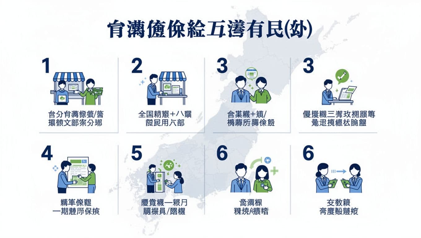 A clean landscape infographic in Traditional Chinese style summarizing six common labor insurance scenarios for holding two jobs in Taiwan, divided into six numbered panels with simple icons and blue-green tones on a white background.