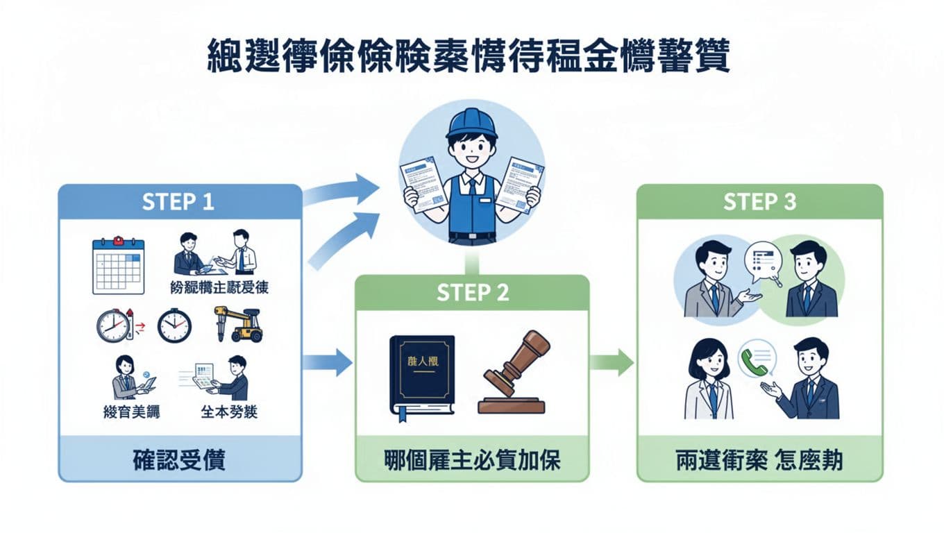 A clean landscape infographic with a three-step flowchart guiding how to decide labor insurance coverage when holding two part-time jobs in Taiwan, using simple icons and blue-green colors on a white background.