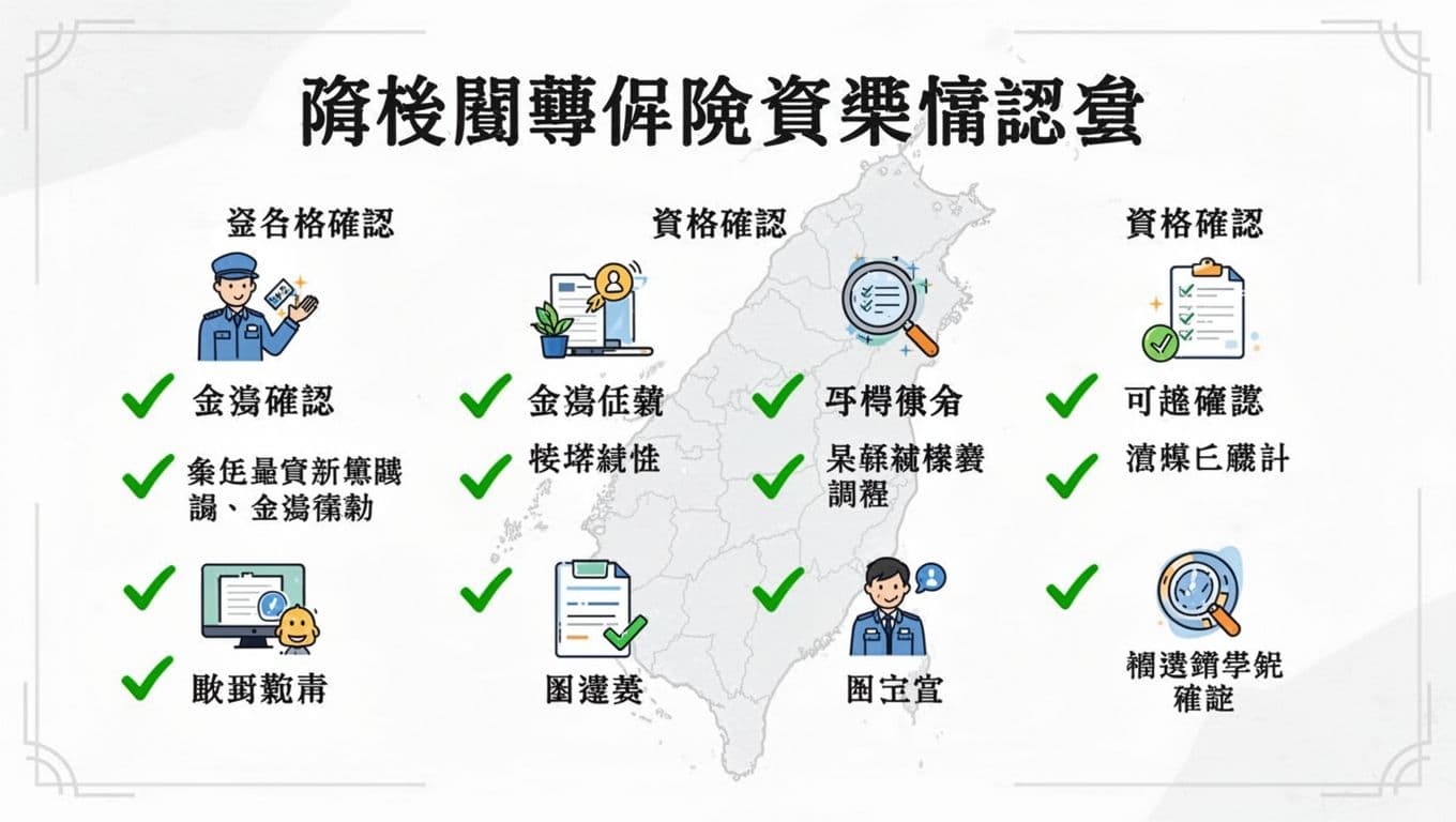 工會加保年資被取消,還能救回來嗎?一般處理方向 Clean Traditional Chinese-style infographic checklist for preventing labor insurance cancellation in Taiwan unions, featuring icons with green checkmarks on a white background and subtle Taiwan map outline.