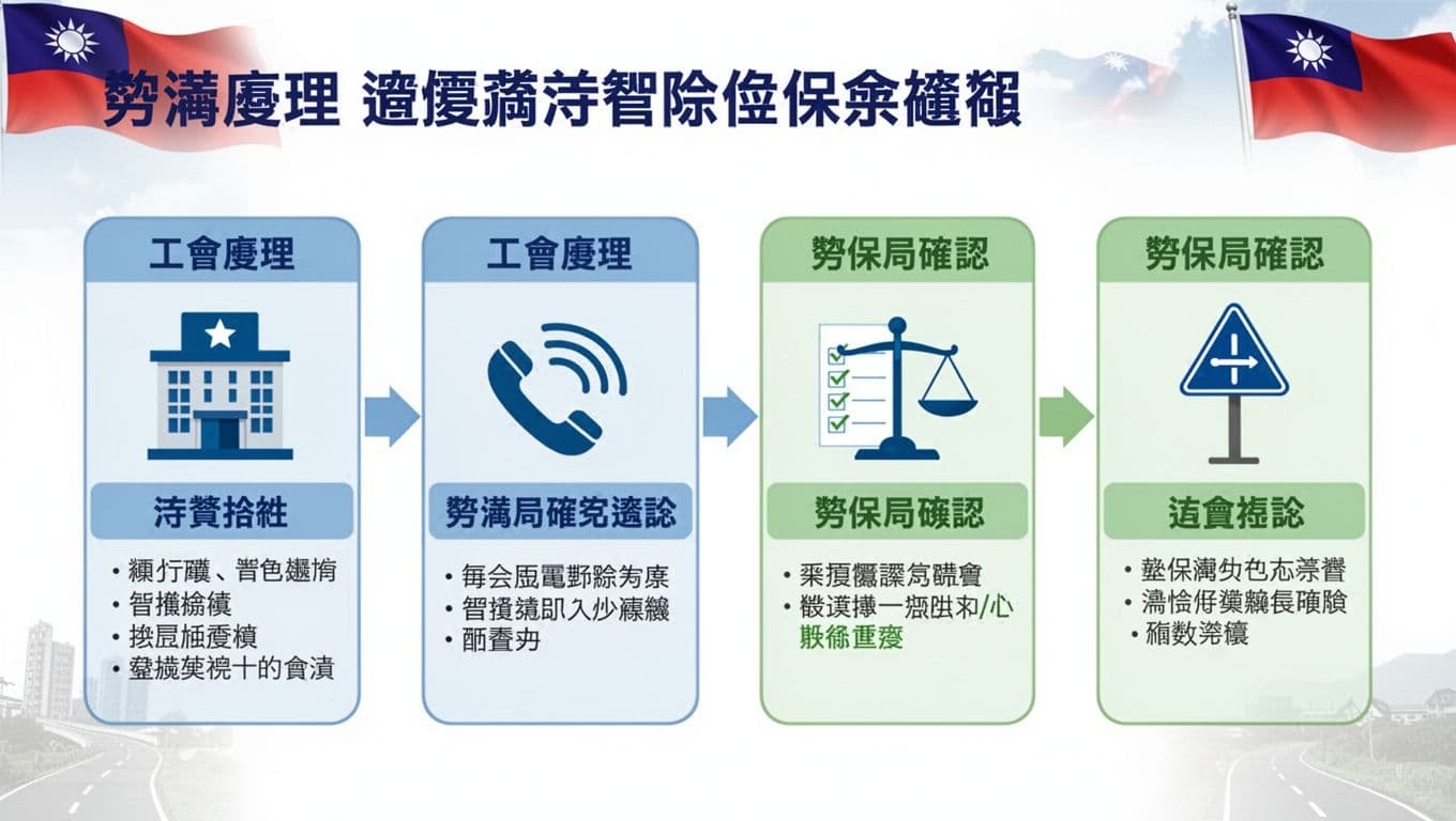 工會加保年資被取消,還能救回來嗎?一般處理方向 A clear flowchart infographic in Traditional Chinese illustrating the remedy roadmap for canceled union labor insurance seniority in Taiwan, with four steps connected by arrows: union assistance, Labor Insurance Bureau confirmation, appeal evaluation, and alternatives, using simple icons in blue-green colors on white background.
