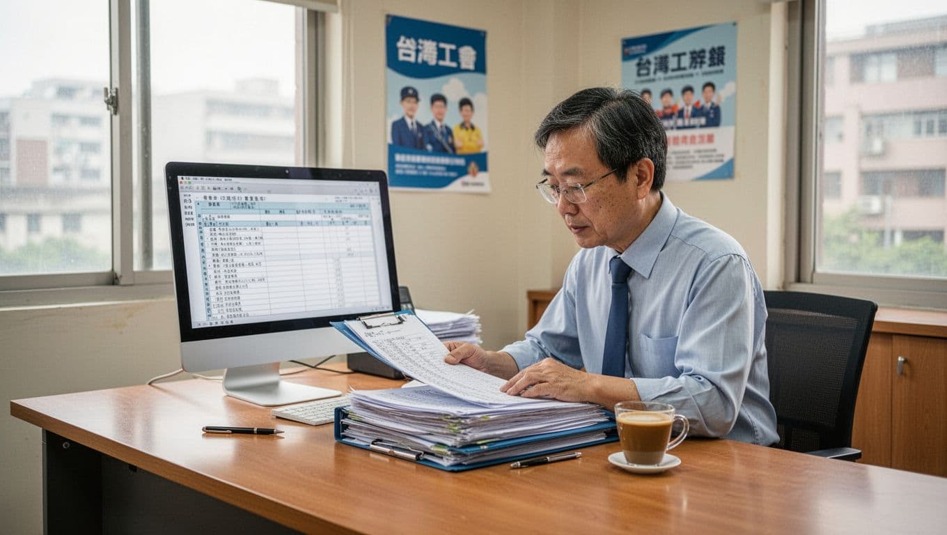 工會加保期間最容易忽略的10個小細節 In a bright professional Taiwanese union office, a middle-aged worker sits at a wooden desk focused on a stack of folders and computer screen showing blurred labor insurance forms, with only a pen and coffee on the desk, simple posters and natural window light in the background.