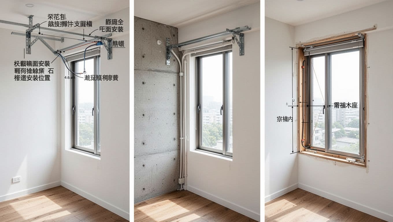 Illustration showing three side views of window track installations in a Taiwan home: ceiling mount avoiding beams, wall mount on gypsum or concrete, and frame mount with reinforcements, including AC pipe interferences and depth measurements in a modern living room with wood floors and white walls.