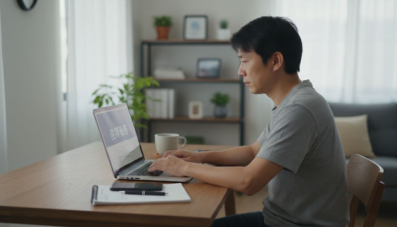 國民年金沒繳怎麼辦?對退休影響與補繳全指南 A focused Taiwanese adult in a modern home office uses a laptop to check pension arrears online, with a blurred screen showing a simple '查詢服務' title, hands on keyboard, nearby phone and notepad with notes, natural indoor lighting, photorealistic style.
