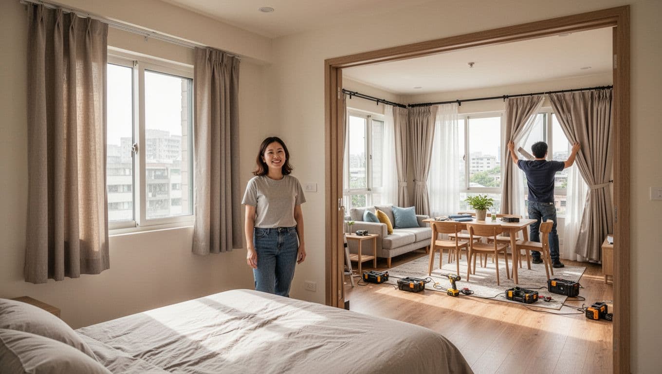 訂製窗簾付款要不要分期?常見流程與判斷要點 Photorealistic view inside a bright modern Taiwanese apartment contrasting project scales: cozy small bedroom with perfectly installed curtains in foreground, spacious living-dining area with ongoing curtain installation in background. Smiling homeowner in bedroom, installer adjusting curtains in living area, warm daylight and detailed textures.