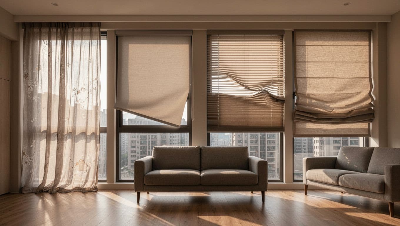 Photorealistic modern Taiwanese apartment living room with floor-to-ceiling windows displaying four curtain types side by side: sheer fabric with wrinkles, skewed roller blinds, uneven honeycomb shades, and irregular Roman shades, under warm sunlight on wooden floors and minimalist sofa.