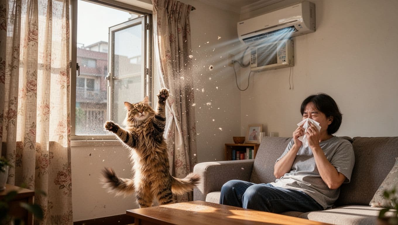 Interior of a Taiwanese apartment living room capturing daily life: sunlight with dust particles through an open window, playful cat gently touching curtain, running air conditioner, and relaxed adult on couch holding allergy tissue.