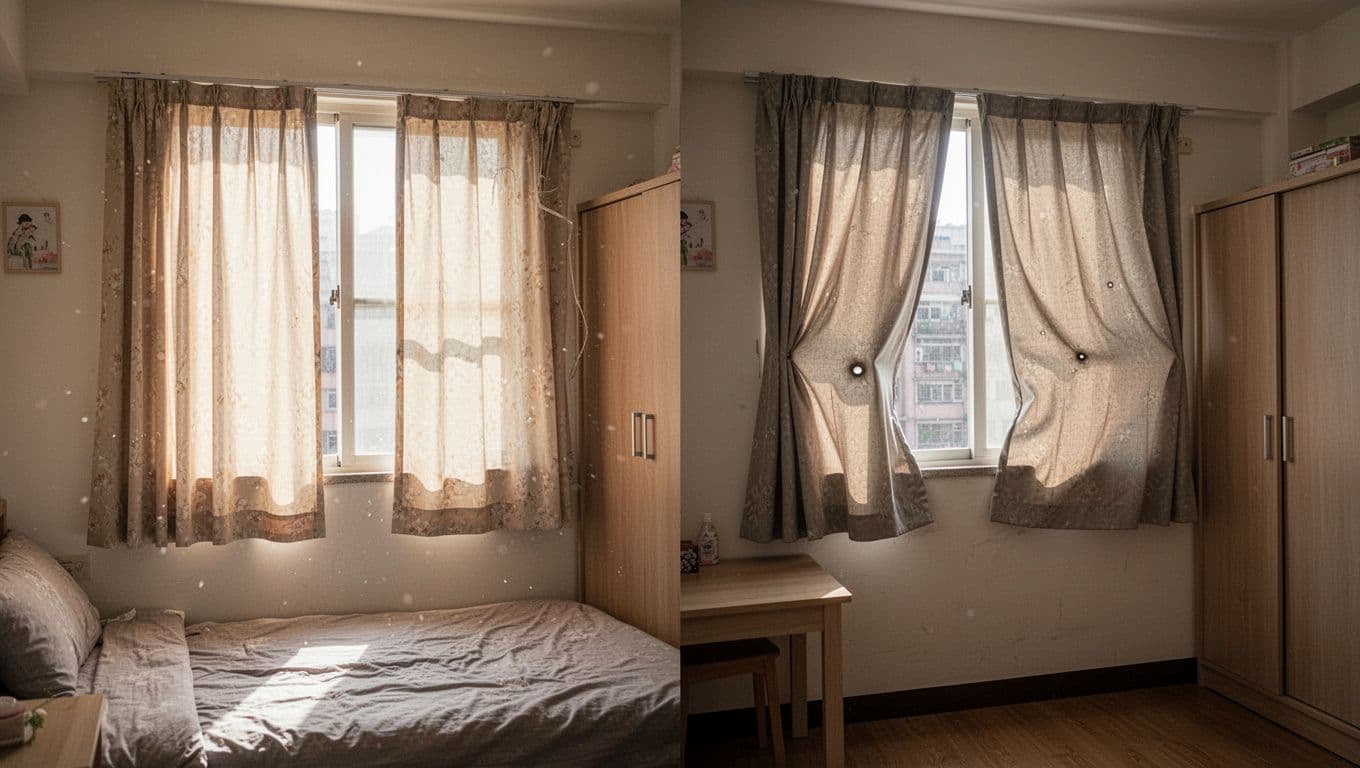 Realistic scene in a Taiwanese rental apartment bedroom showing windows with poorly fitted curtains: one too small leaking sunlight through gaps, another too large bulging against the frame.