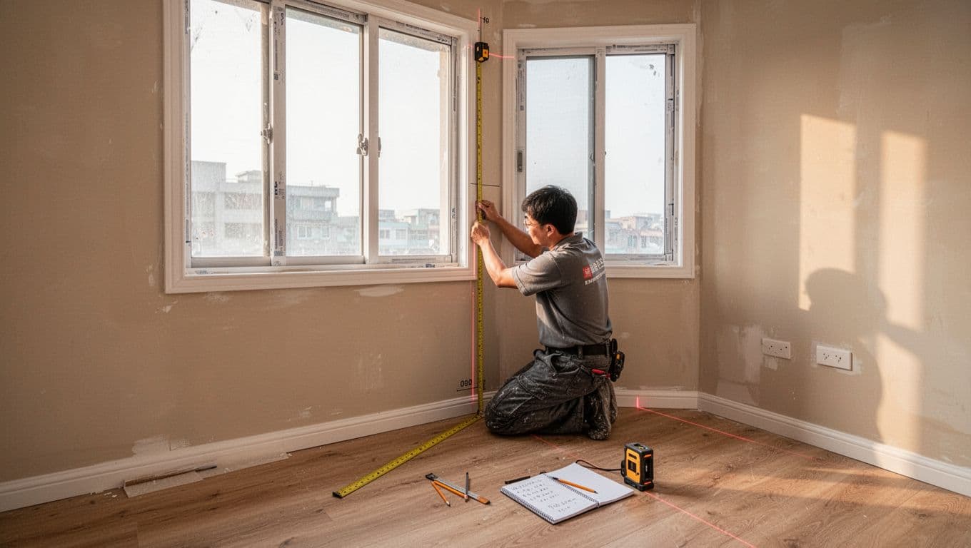 先做重點房間划算嗎?窗簾訂製分期規劃原則 In a photorealistic modern Taiwanese apartment living room during late-stage renovation, a single person kneels precisely measuring the window height from the floor using a tape measure and laser level, with a notepad of dimensions nearby, under soft afternoon light.