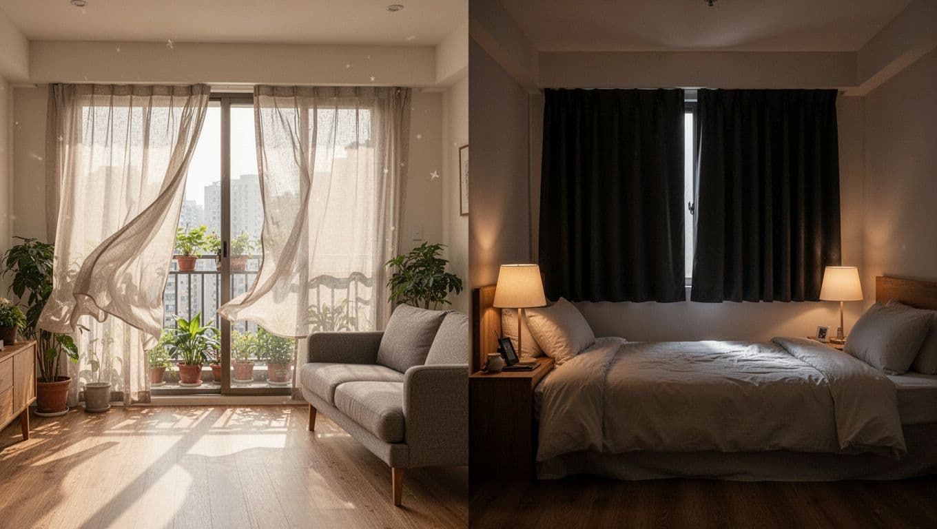 Split scene in a realistic Taiwanese apartment: left half bright living room with billowing curtains, plants, and sofa; right half dim cozy bedroom with blackout curtains and soft lamp light.