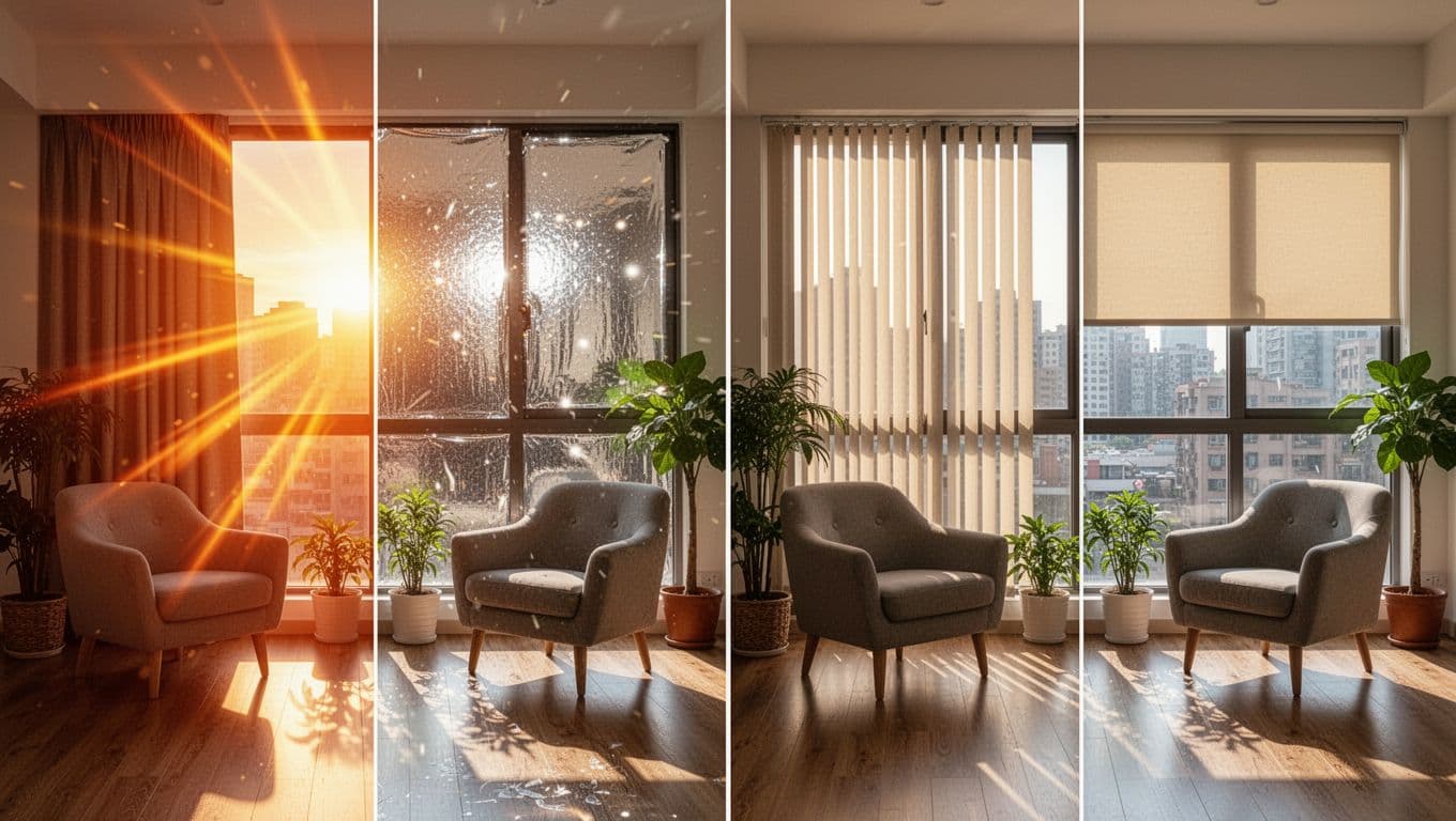 西曬隔熱,窗簾加內襯值得嗎?預算評估全指南 Photorealistic split composition of a bright Taiwanese urban apartment living room with west-facing floor-to-ceiling windows during intense late afternoon summer sunlight, comparing four heat insulation methods: thermal curtains, reflective window film, vertical blinds, and external roller shade.