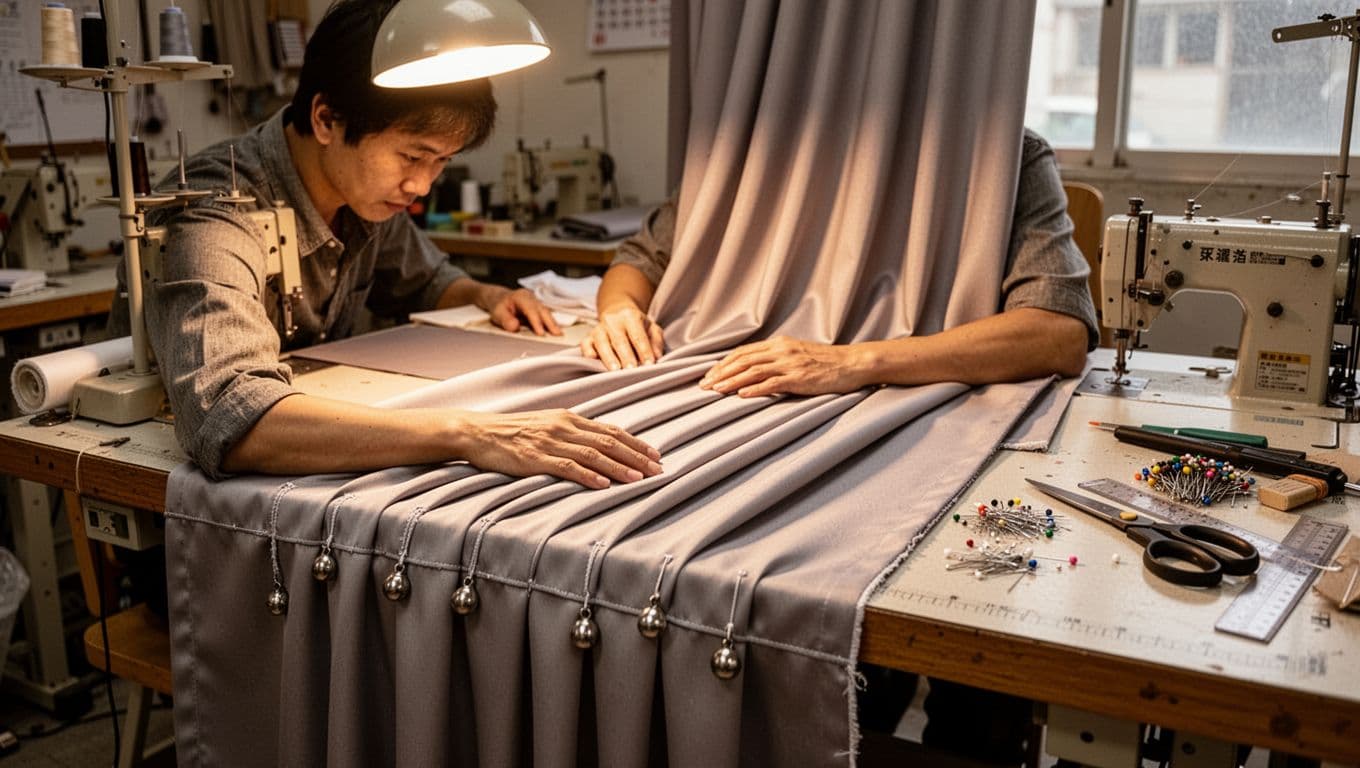 In a cozy Taiwanese curtain workshop, a single artisan seated at a workbench closely inspects a finished custom curtain panel, checking uniform pleats, straight hems, plumb weights, and seamless joins amid scattered sewing tools.